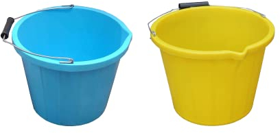 M1SS Set of 2- Plastic Builders Bucket 3 Gallon 14 Litre Water Mixing Storage Strong with Measuring Guide, Handle And Spout for Bathroom, Home and Garden (Yellow, Blue)