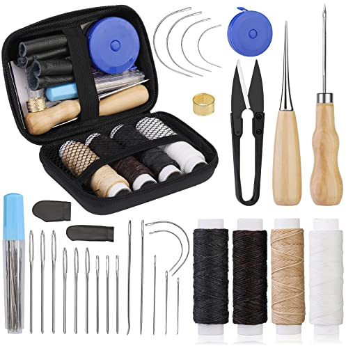 Kit per cucire la pelle, set per riparare i rivestimenti con filo cerato, ago, punteruolo da cucito, ditale, metro a nastro e custodia per lavori in pelle