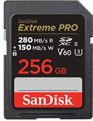 SanDisk Extreme PRO SDXC UHS-II Speicherkarte V60 256 GB (280 MB/s, 6K, 4K UHD, U3, C10, Rescue PRO Deluxe)