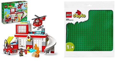 LEGO 10970 DUPLO Feuerwehrwache mit Hubschrauber & 10980 DUPLO Bauplatte in Grün, Grundplatte für DUPLO Sets, Konstruktionsspielzeug für Kleinkinder, Mädchen und Jungen