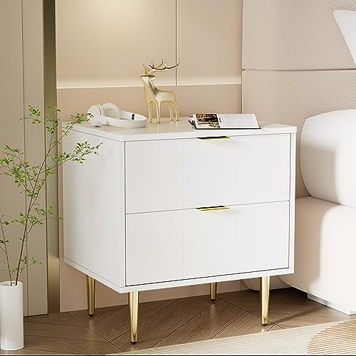 HAINEW Lot de 2 tables de chevet modernes avec pieds et boutons dorés - Motif floral laqué - Table de chevet avec 2 tiroirs - Coins avec design anti-chocs - Blanc - 50 x 40 x 54 cm (l x P x H)
