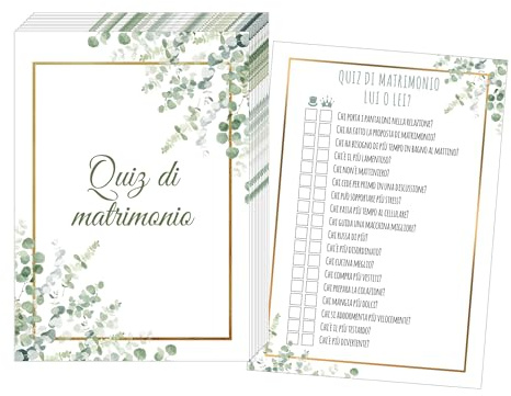 JEKA Quiz di matrimonio, Set di 50 carte per quiz di matrimonio, Gioco per invitati e sposi, Divertimento per matrimoni, Regalo di nozze, Design verde/oro