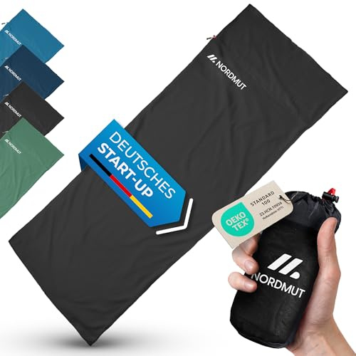 NORDMUT® Hüttenschlafsack Baumwolle Ultraleicht - Sommerschlafsack Kleines Packmaß & Atmungsaktiv - Schlafsack Dünn & besonders weich inkl. Kissenfach [220 x 90 cm]