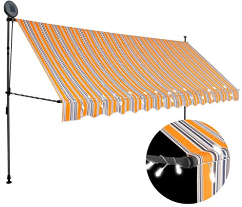 Homgoday Markise Einziehbar Handbetrieben mit LED Fenstermarkise Klemmmarkise Balkonmarkise UV-beständige Wasserabweisend Sonnenschutz Markise für Fenster Terrasse Balkon 350 cm Gelb und Blau