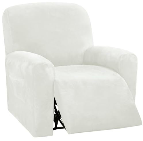 Sesselbezug Relaxsessel Samt Stretchhusse für Relaxsessel 4-Teilig,Stretch Sesselschoner für Relaxsessel mit Taschen,Elastisch Sesselbezug Waschbar für Fernsehsessel Liege Sessel - White||1 Seater