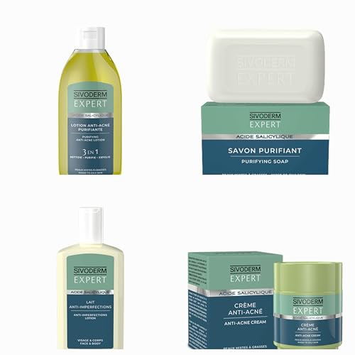 Produktreihe Sivoderm Expert für Gesicht mit Salicylsäure. Seife 100 g, Gesichts- und Körpermilch 65 ml, Anti-Akne-Creme 85 ml, reinigende Anti-Akne-Lotion, 160 ml