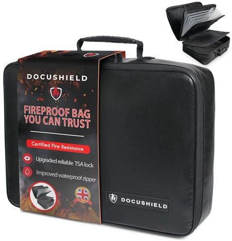 DocuShield Fireproof Document Box | Water Resistant & Fireproof Document Bag | Lightweight & Portable Box with Dividers & Pockets for File Storage | UK Brand | Fibreglass | TSA Lock (Original Plus+)
