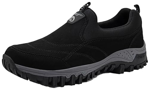 AEHO Chaussure pour Pied Gonflé de Marche Homme sans Lacets Baskets de Randonnée en Plein air orthopédiques à Enfiler en Cuir Suédé Chaussures de Trail Antidérapantes et Large,Noir,46/280mm