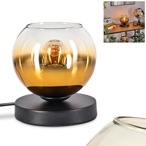 Tischleuchte Koyoto, Tischlampe aus Metall/Glas in Schwarz/Gold/Klar, Leuchte im modernen Retro/Vintage-Design mit Schirm aus Glas (Ø 15 cm) u. An/-Auschalter am Kabel, 1 x E27, ohne Leuchtmittel