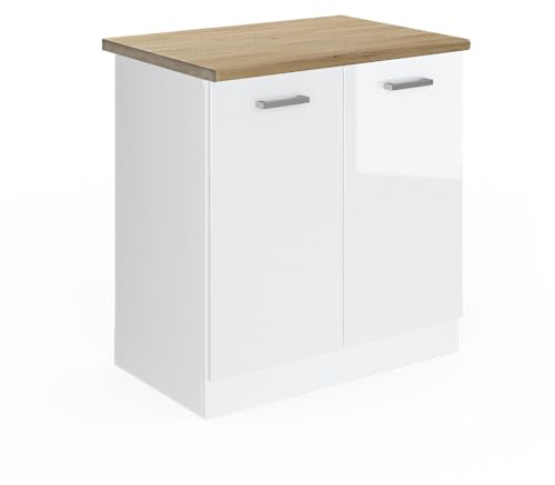 Vicco Spülenunterschrank R-Line, Weiß Hochglanz, 80 cm | 2 Türen · AP Eiche inkl. · Höhenverstellbare Füße · Großer Innenraum ✓ · ✓ Frei kombinierbar