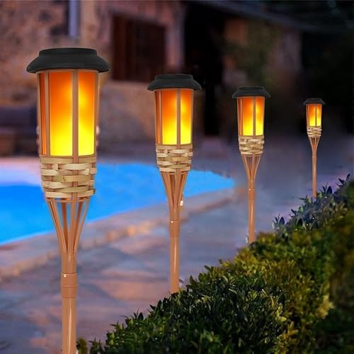 SUAVER Solar Lights Outdoor Garden Bamboo Flame Torch Lamp,Waterproof Solar Flickering Dancing Flame Lights Garden Ornament Outdoor Stake Lights for Yard Patio Pathway Decorations，4pcs