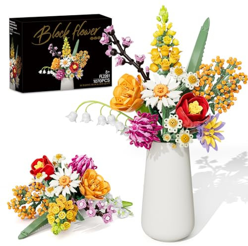 Bouquet de Fleur, 1070PCS Kit Construction de Fleurs Artificielles Plante pour Adultes Femmes Enfants Fille, Floral Collection Botanique Cadeau pour Anniversaire, Saint Valentin, Noël (Pas de Vase)