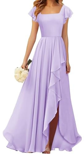 Vestido de dama de honor de princesa con cuello cuadrado, manga corta, vestido formal de fiesta de noche con abertura, Lila, 52 Más