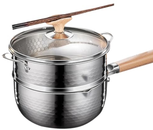 Yiustldd Pentolino per Latte in Acciaio Inox - Pentola Giapponese Tradizionale della Casseruola di Yukihira, Antiaderente Multifunzionale con Manico in Legno E Coperchio in Vetro per Cucinare,18cm