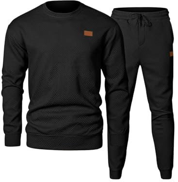 Elegancity Men's Tracksuits Crewneck Pullover Sweatshirt Men Long Sleeve Casual 2 Piece Sets Textured Jumper and Joggers,Black M