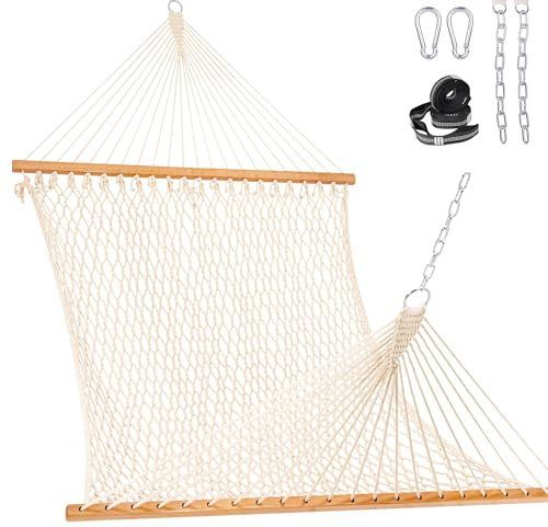 Lazy Daze Hammocks Double Rope Hammock, 2 Person Traditional Outdoor Hand Woven Cotton Rope Hammock with Spreader Bar, Chains, Tree Straps for Patio Yard - Max 450 Lbs, Natural