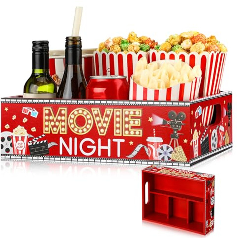 GlikCeil Movie Night Supplies Snack Trays with Handles, Cute | Reusable Wooden Movie Gift Baske, Theater Popcorn Bucket Bowl Box Container, Family Room Christmas Decor
