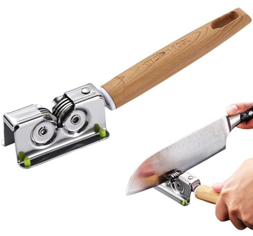Knife Sharpener 7.7'' Stainless Manual Knife Sharpener with Wood Grain Handle Quick & Smooth Roller Kitchen Knife Sharpener with Hanging Hole for Kitchen & Fruit Knives