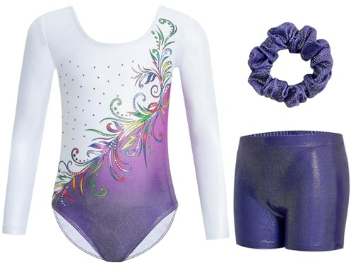 Gogokids Gymnastik trikåer för flickor långärmade glittrande strass dansdräkter cykelväskor med shorts för 3-12 år, B-vit/lila, 11-12 år