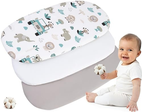 Medi Partners Baby Spannbettlaken Kinderwagen Laken 86x40 3-Pack Bettlaken Stubenwagen - 100% Baumwolle Fitted Sheet für Beistellbett Babybett Bezug (Mint Zoo-Weiß-Graue)