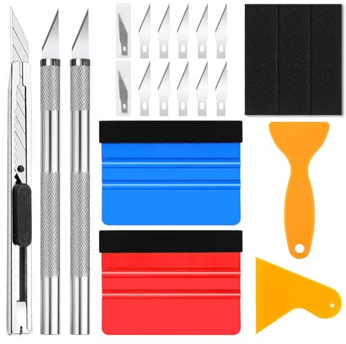 Hengxinchen Juego de 11 escobilla de goma para ventana de película, juego de herramientas de aluminio, juego de escobilla para lámina, juego de 10 cuchillas, 2 rastrillos de fieltro, para láminas de