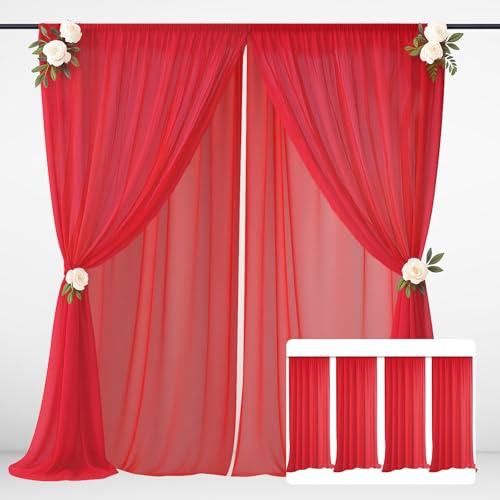 EMART Rideau de Fond Rouge 1,5x3m（4 Pcs） Tulle Tissu Mousseline Drape | Tissu Doux et Lisse Rideaux Backdrop, Bébés Douches, Wedding Photographie, Anniversaires, Séances Photo