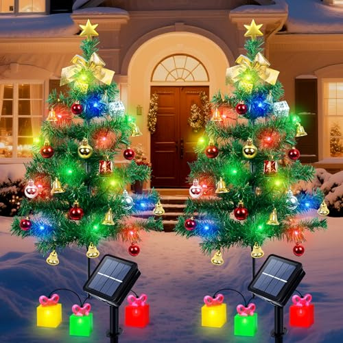 Qoosea Árbol de Navidad Luces Solares de Jardín 2 Piezas, Árbol de Navidad con Luces de Caja de Regalo, LED Luz Solar Exterior IP65 Impermeable, Decoración de Navidad para Patio, Césped y Caminos