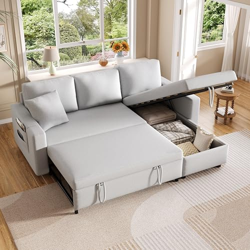 Schlafsofa mit Schlaffunktion, L-förmiges Sofa, moderne Design-Polstermöbel, Sofa-Chaiselongue mit Stauraum, mit Taschenbecherhalter, Wohnzimmer-Schlafsofa, links und rechts austauschbare Chaiselongue