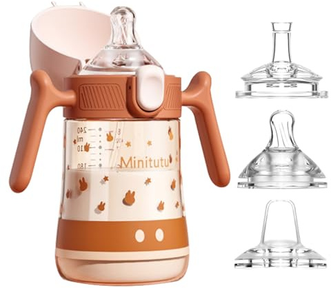 Qshare 240ml Kinder Trinklernbecher ab 6 Monate+,3 in 1Baby Trinkflasche,Trinkbecher für Babys,Baby Trinklernbecher ab 6 Monate mit ergonomischer Silikontülle (Braun)