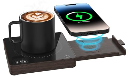 Coffee Mug Warmer with 15W Wireless Phone Charger & 3A USB Charging Port, 3 Temp Settings & 8H Auto Shut Off, Candle Warmer Plate for Heating Coffee, Milk, Tea & Candles,Valentine's Day Gift(Wood)