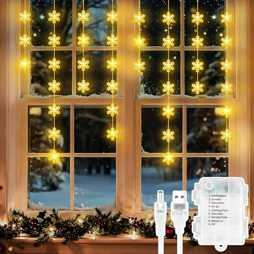 Dalugo Lichterkette Fenster Batterie, 50LED 1.5m Schneeflocken Fensterbeleuchtung Weihnachten Warmweiß mit USB Kable, 6h Timer 8 Modi Wasserdicht Lichterkette für Fenster Balkon Garten Innen Außen