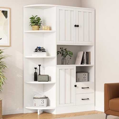 Armadio ad angolo, vetrina da soggiorno con 3 armadi + 2 cassetti, scaffalature per soggiorno, armadi alti e altopiano con un totale di 14 scomparti, librerie, credenza, bianco, 104 x 35 x 155 cm