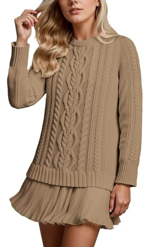 Vestido de jersey para mujer con falda de encaje, vestido de punto trenzado, elegante, para otoño, cómodo, cálido, de lana, cuello redondo, plisado, vestido de retazos, túnica, suave, elástico, uso