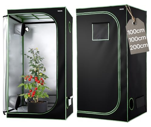 VEVOR Chambre de Culture, 100x100x200 cm, Tente de Culture Plantes d'Intérieur, avec Fenêtre d'Observation, Plateau de Sol, Fermeture Éclair, Mylar 600D Hautement Réfléchissant, pour Fleurs Légumes
