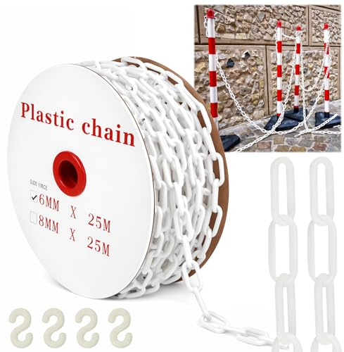 25 m Absperrkette Kunststoffkette, 6mm Warnkette Plastikkett | Kunststoff Absperrkette mit 4 Karabinern für Barrieren in Auffahrten, Arbeitsplätzen und Garagen