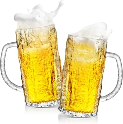 NUONUOPING Beer Mugs for Freezer, 16 oz Large Heavy Glass Mugs with Handles Set of 2, Clear Large Beer Steins for Tea, Coffee, Lead-Free Glasses Oktoberfest Style, Best for Dad Husband or Friend