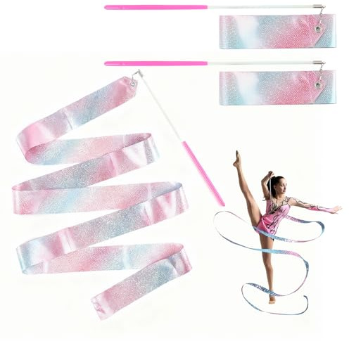 Flashing Dance Ribbons with Pink Wand, Rhythmic Gymnastics Ribbon Set, 2m Streamer Wands with non Slip Handles, Lightweight Satin Waving Ribbons for Artistic Dance, Kids Training and Performance Use