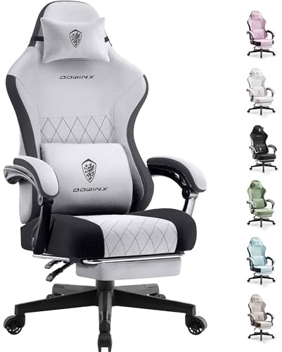 Dowinx Gaming Stuhl Stoff mit Taschenfederkern, Ergonomischer Schreibtischstuhl mit Fußstütze, Flachem Sitz ohne Seitenflügel, Atmungsaktivem Stoff Gaming Chair für Erwachsene, bis 150 kg, Grau