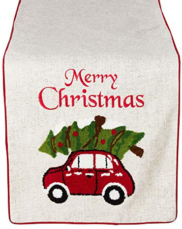 Fennco Styles Holiday Classic Merry Christmas Textured Tree and Red Car Table Runner, 16X72 Rectangular