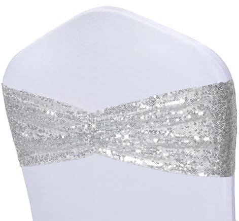 Poise3EHome Silver Sequin Chair Sashes, Double Sided Glitter Folding Chair Covers Bow for Party Wedding Banquet Reception Decorations, 50 PCS