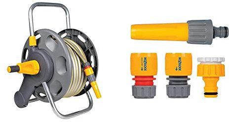 Hozelock 60m Hose Reel which comes with 25m of Select hose; can be attached to the wall or used free standing & Hozelock 2352 Hose Fitting Starter Set