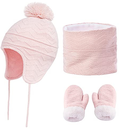 Yutdeng Gorro de Bebé Niña Cálido Conjunto de Bufanda Cozy Guantes Set Invierno Gorro con Orejeras Beanie Punto Gorro Felpa Calentador de Cuellode 1-6 años,Rosa,L