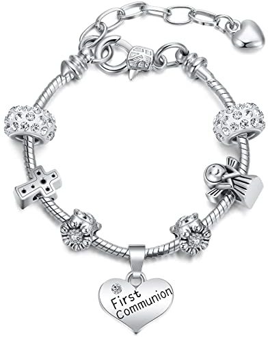 Herdear Armband mit Kreuz und Perlen zur Erstkommunion für Mädchen Glitzernde Personalisierte Gravur Geschenke Kommunion Armband mit Anhänger mit Geschenkbox (Schöner Stil)