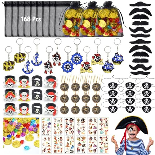 168Pcs Cadeau Anniversaire Pirate Enfants, 12 x Sac, 48 Diamants & 36 Faux Moustache Tatouage Jouet Fête, Kit Pirate Garçon
