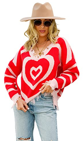 HEYPORK Damen Herbst Winter Warm Bequem Casual Mode Strickjacke Strickpullover Frauen Pullover Liebe V-Ausschnitt Langarm Pullover Personalisierte Lose Pullover(Rot, L)