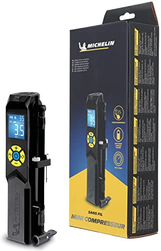 MICHELIN - Mini compresseur USB Rechargeable - sans Fil - pour pneus vélos, Motos, Voitures - Manomètre Digital 10 Bars - Batterie Lithium 2500 mAh - Adaptateurs Inclus - Lampe Torche LED intégrée