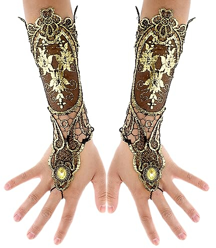 DIVINA VITAE Fingerlose Handschuhe Damen Retro Spitze Lange Goldene Spitzenhandschuhe mit Blumenmuster Armbandring Handgefertigte Spitzenhandschuhe Brauthandschuhe mit Fingerring