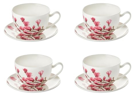 Teemando 4 x jumbokopp mayumi fint benporslin med tefat, 0,5 l H 11,8 cm, Ø 8 cm