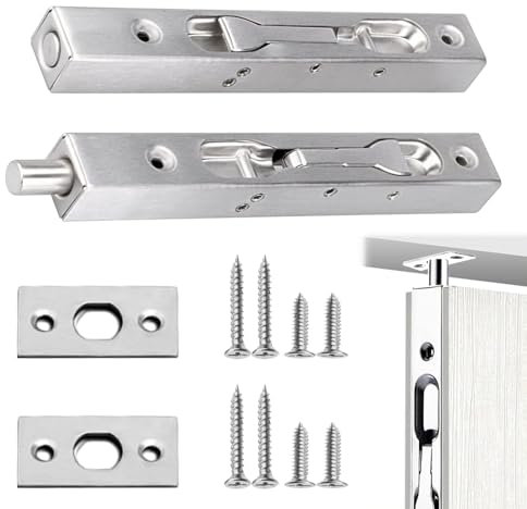 Door Flush Bolt Latch Lock, Concealed Door Security Bolts Surface Mounted Sliding Door Lock, Stainless Steel Polished Slide Door Lock for Doors Bathroom Wardrobe Cabinet (Silver)