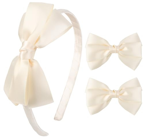 DEEKA Beige Bow Headband & 2 Pcs Satin 4 Inch Hair Bows Set Uniform Hair Accessories Hair Band for Little Toddler School Girls -Beige